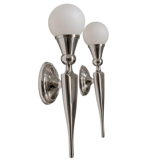 French Art Deco Wall Sconces in Nickel-Plated Aluminum and Glass, Set of 2 For Sale - Image 9 of 9