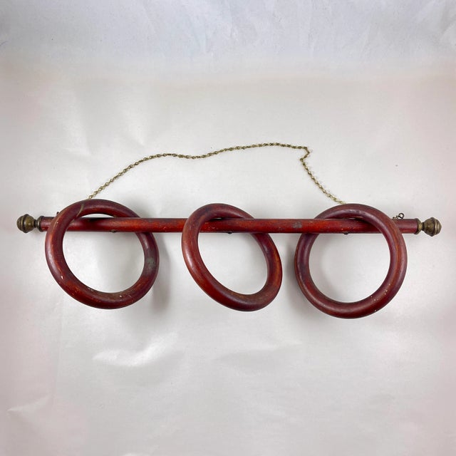 Traditional Belle Epoque Three Ring Wood & Brass Hanging Towel Rack For Sale - Image 3 of 12