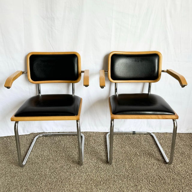Marcel Breuer Italian Mid Century Modern Black Vinyl and Chrome Cantilever Chairs - Set of 4 For Sale - Image 4 of 10