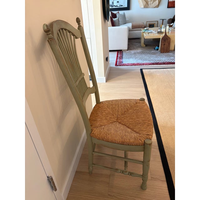 French Vintage Reproduction Hand Finished Waxed Wood Dining Table With 4 Sheaf Back Rush-Seat Chairs For Sale - Image 9 of 12