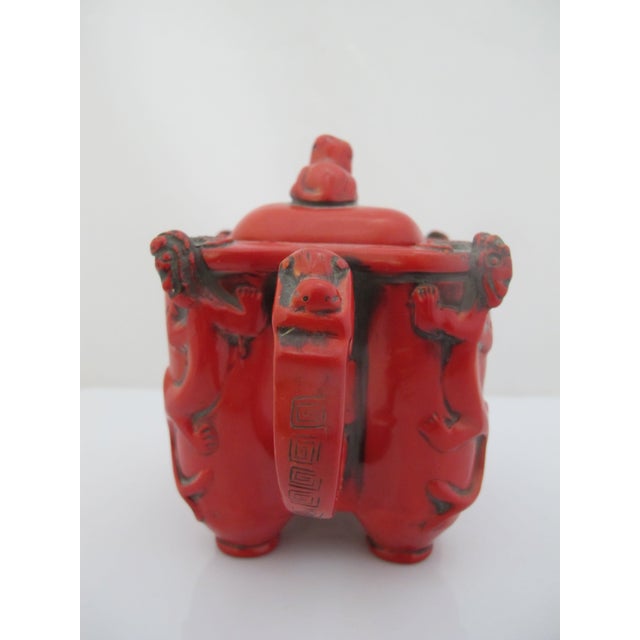 Red Chinese Red Lacquer Climbing Foo Dog Finial Lid Decorative Teapot For Sale - Image 8 of 11