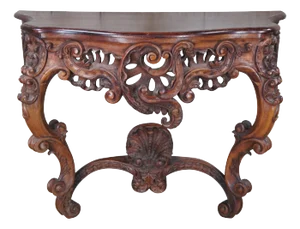 Antique 19th C. French Louis XV Rococo Serpentine Carved Mahogany Console Table