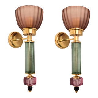 1990s Burgundy and Green Murano Glass Sconces - a Pair For Sale