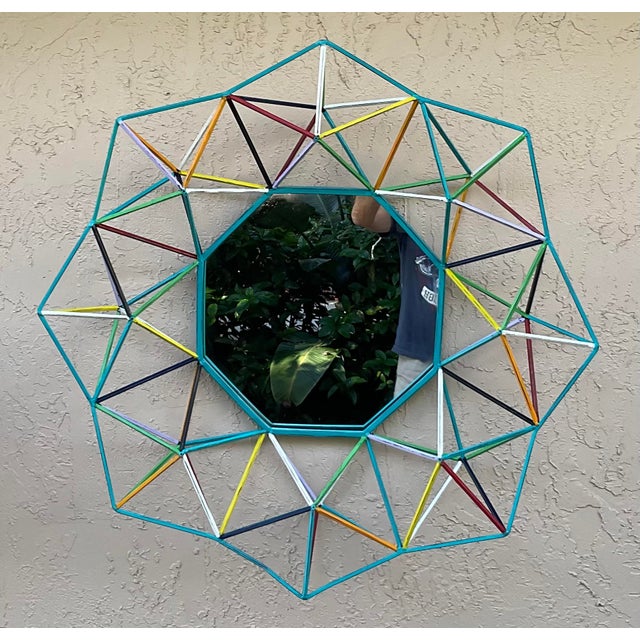 Contemporary Funky One-of-a-Kind Hand-Painted Geometric Metal Mirror – 3d Sunburst Wall Art For Sale - Image 3 of 18