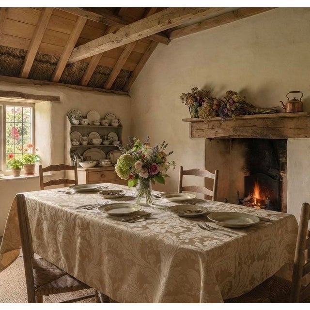 English Vintage Heavyweight Damask Jacquard Weave Tablecloth in Gold & Cream - 58” X 100” - Formal Entertaining, Cottage Core, Palm Beach Regency. See Pics! For Sale - Image 3 of 6