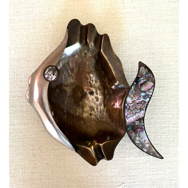 Los Castillo mixed metal catch all/ashtray. Brass, copper ar true body of the fish with abalone shell detailing in the fin...