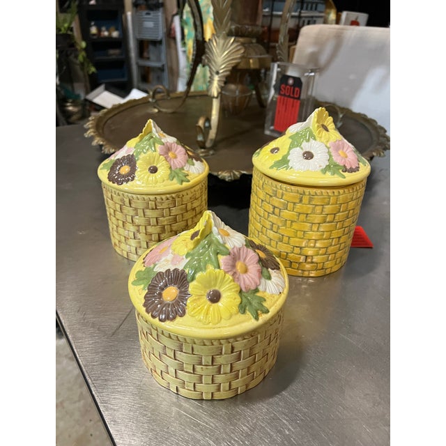 Vintage Trio of Yellow Ceramic Woven Style Jars With Floral Accents For Sale - Image 10 of 11