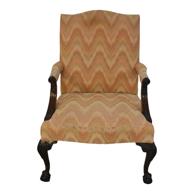 Hickory Chair Mahogany Chippendale Arm Chair Flame Stitched Fabric Claw & Ball For Sale