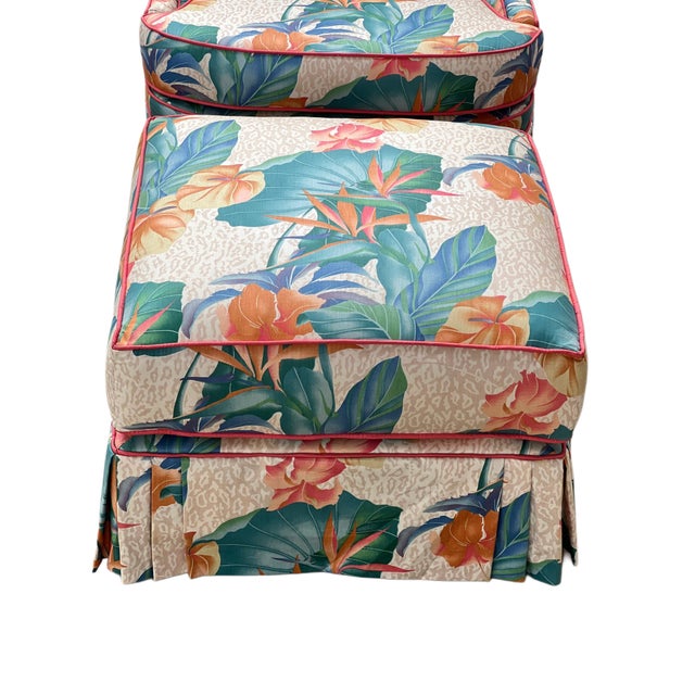 1980s Pair Palm Beach Style Slipper Chairs and Ottoman For Sale - Image 10 of 18