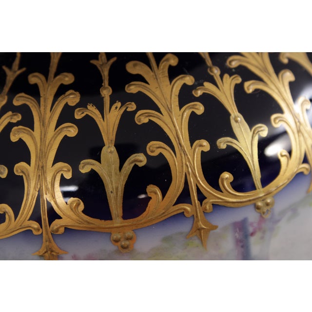 Pair of 1950s Sevres Cobalt Blue Porcelain Painted Urns W. Lids For Sale - Image 16 of 18
