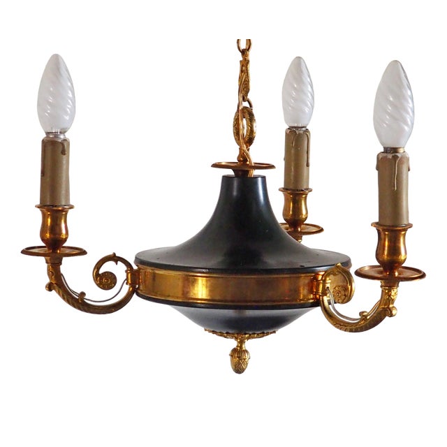 Vintage French Empire 3-Arm Brass Dark Green Tole Chandelier, 1960s For Sale