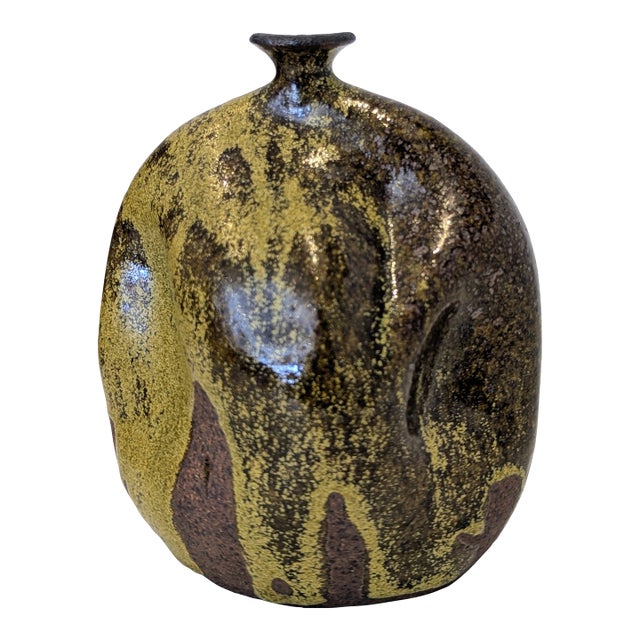 Signed James Berloff “Olive Drip” Stoneware Vessel | Organic Modern Form (C. 1960s–1980s) For Sale