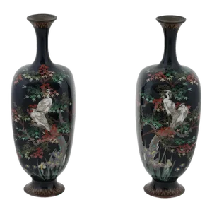 Antique Pair of Meiji Japanese Cloisonne Enamel Stork Blossoming Garden Vases Attributed to Ota