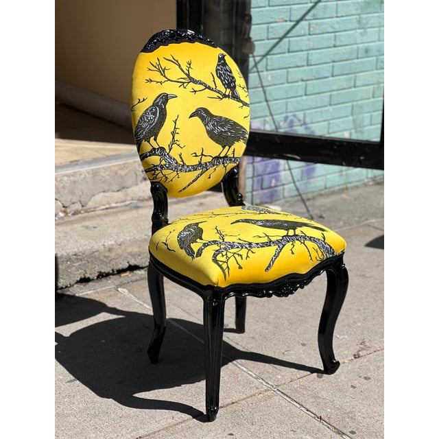 Unique Gothic Vintage Raven Crow Yellow velvet with embroidery Chair One of a kind - Eye Catching Exceptional Chair...