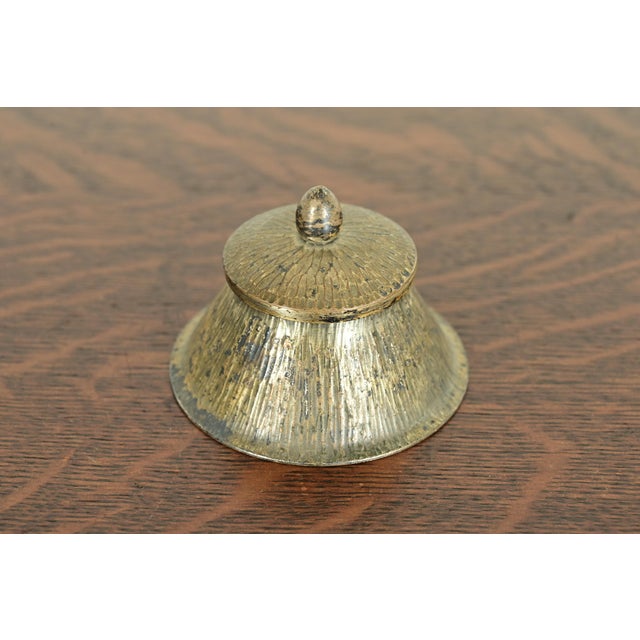 A gorgeous Arts & Crafts period brass finished copper inkwell By Roycroft (signed with impressed orb and cross mark) USA,...