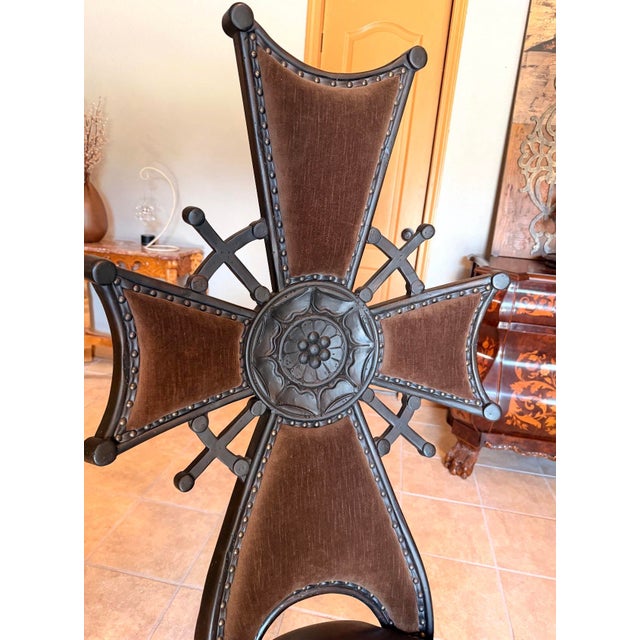 Iron Cross Gothic Accent Chair in Brown Velvet and Leather With Nailhead Trim For Sale - Image 4 of 8