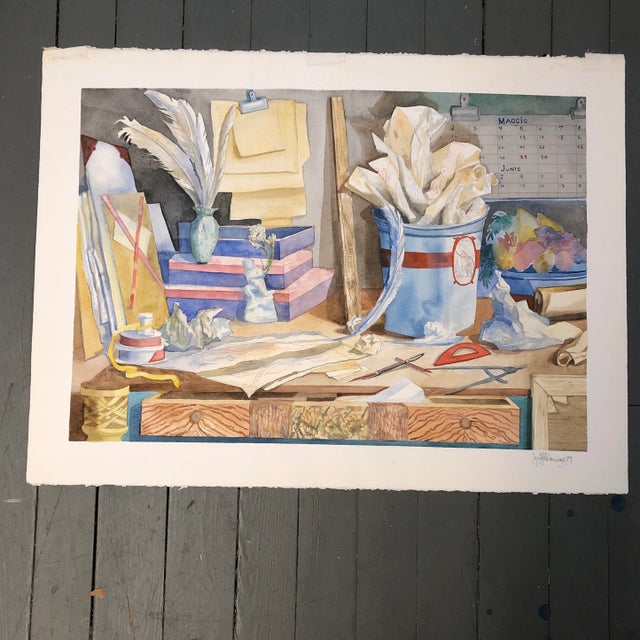 Sky Blue Original Vintage 1970’s Still Life Studio Watercolor Painting Signed Large For Sale - Image 8 of 8