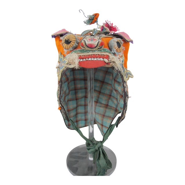 Antique Chinese Elaborate Silk Embroidered Dragon Tiger Flower Antenna Baby Hat For Sale
