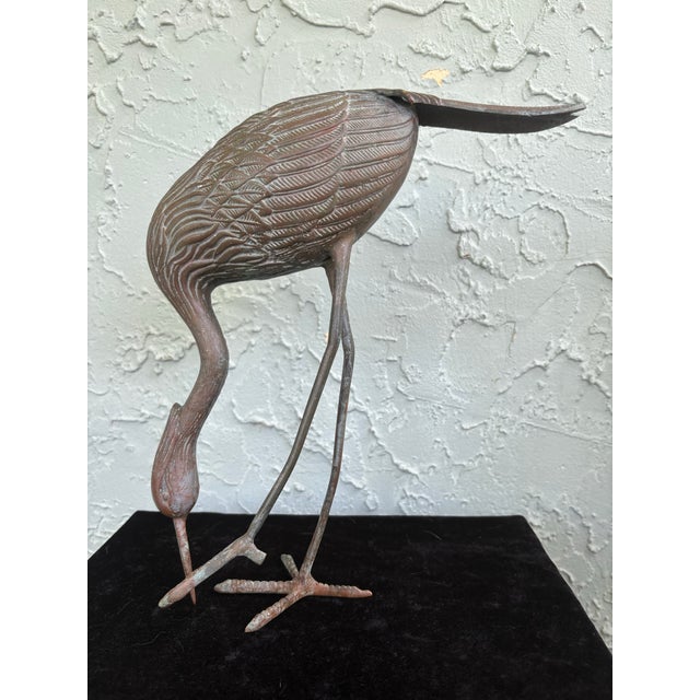Pair of Vintage Bronze Patina Crane Sculptures in Complementary Poses For Sale - Image 9 of 12