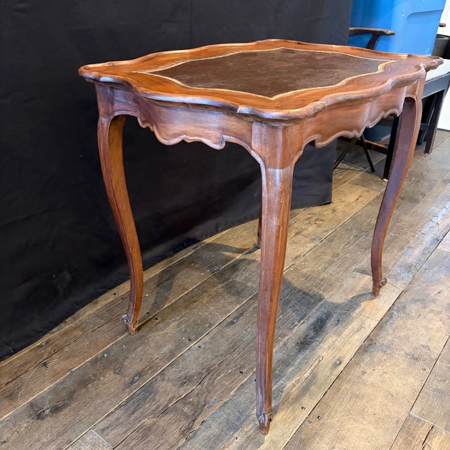 Wood Antique French Louis XV Side Table or Desk With Inlaid Embossed Leather Top For Sale - Image 7 of 12