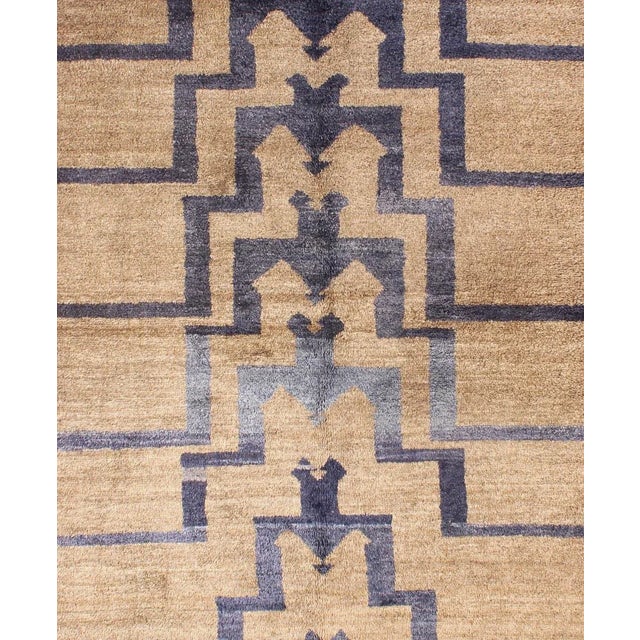 Mid 20th Century Square Mid-Century Modern Turkish Tulu With Tribal Pattern in Blue and Tan Rug For Sale - Image 10 of 13
