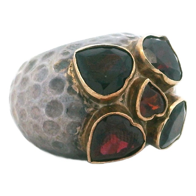 1970s Italian Silver & 18k Gold Garnet Ring, Sculptural Design, Size 6.5 For Sale