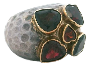 1970s Italian Silver & 18k Gold Garnet Ring, Sculptural Design, Size 6.5