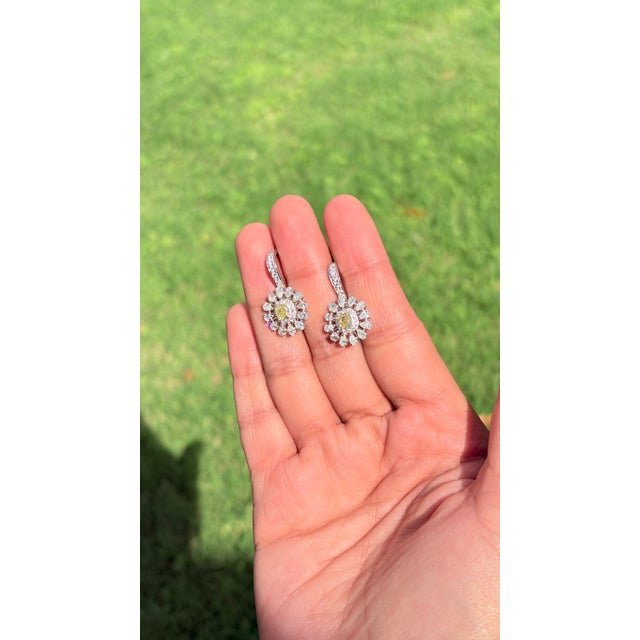 Portraiture Vintage Style 2.29 Ct Fancy Yellow Diamond Floral Cluster Drop Earrings 18k Gold- A Pair For Sale - Image 3 of 14