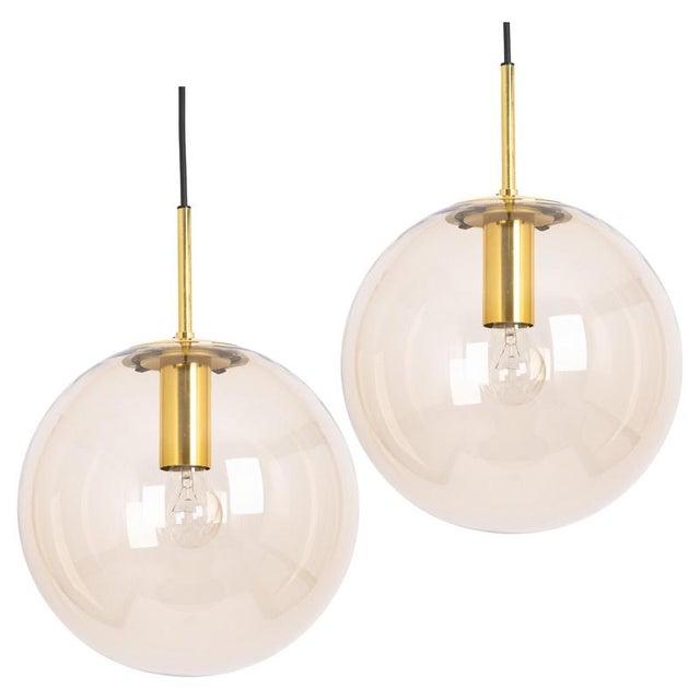 Large Vintage Brass with Smoked Glass Ball Pendant Light from Limburg, Germany, 1970s For Sale - Image 9 of 9