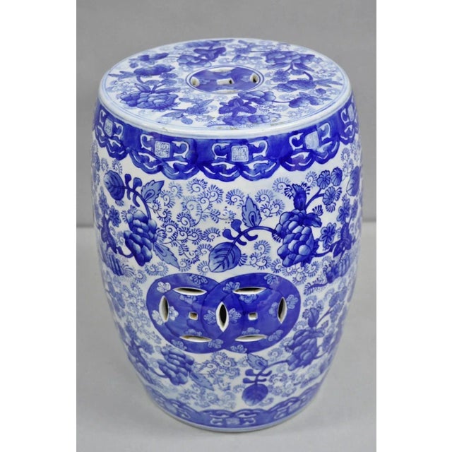 Vintage Chinoiserie Blue White Porcelain Decorated Garden Seat Stool. Circa Late 20th Century. Measurements: 17.5" H x...
