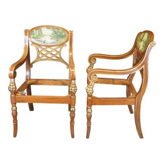 Mid 20th Century Vintage Italian Regency Hand Painted Scrolled Reticulated Armchair Frames - Set of 2 For Sale