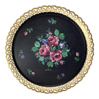 Mid-Century Signed Paul Denis Hand-Painted Tole Floral Design Metal Tray With Gold Cutwork Edge. For Sale