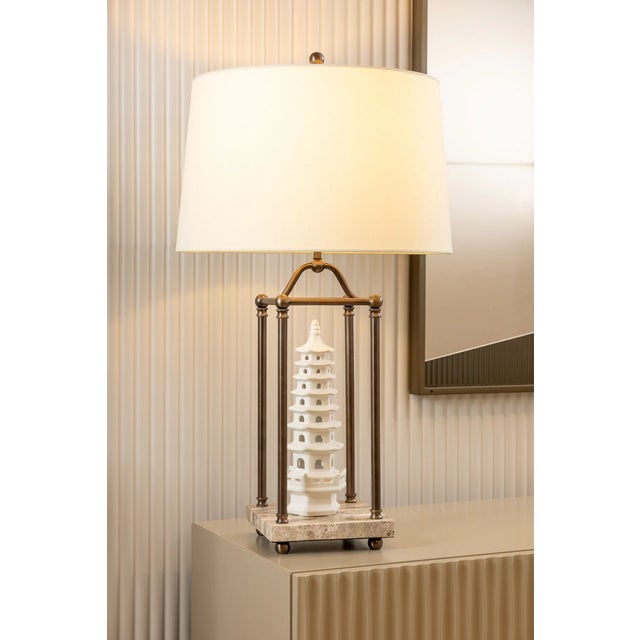 Port 68 Gazebo Bronze Lamp with Travertine Base For Sale - Image 4 of 5