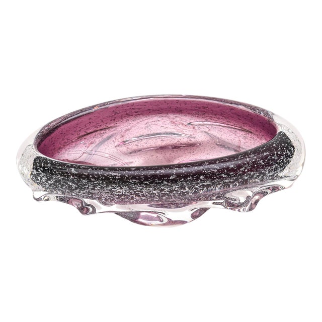 Vintage 1960's Murano Seguso Purple Pulegoso Oval Bowl With Bubbles and Clear Appendages For Sale