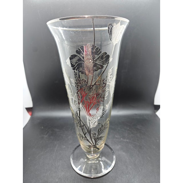 Vintage Sterling Overlay Glass Trumpet Vase Elegant Floral Design 9 3/4” Tall