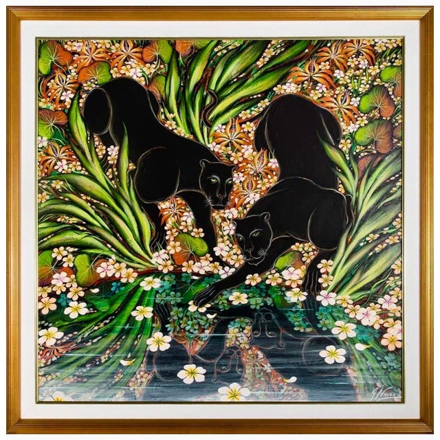 2000 - 2009 Gustavo Novoa, Panthers in Jungle Oil Painting Surrealist Art Gustavo Novoa Green Dark Mirror For Sale - Image 5 of 6
