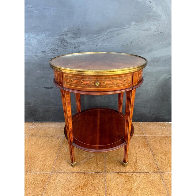 French Louis XVI Style Round Side Table with Marquetry and Drawer, 1930s For Sale - Image 6 of 13