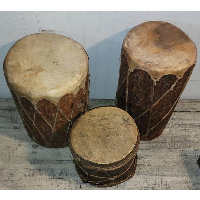 Wood Collection of Four Wood and Leather Drums For Sale - Image 7 of 7