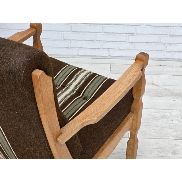 Danish Armchair in Striped Furniture Wool and Carved Oak Wood, 1970s For Sale - Image 14 of 17