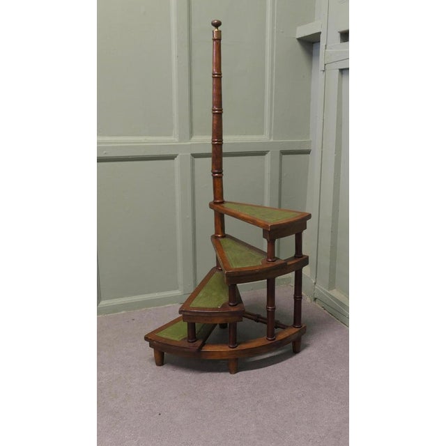 Spiral Library Steps with Tooled Green Leather Treads A good set of French Library Steps, with brass topped hand hold, the...