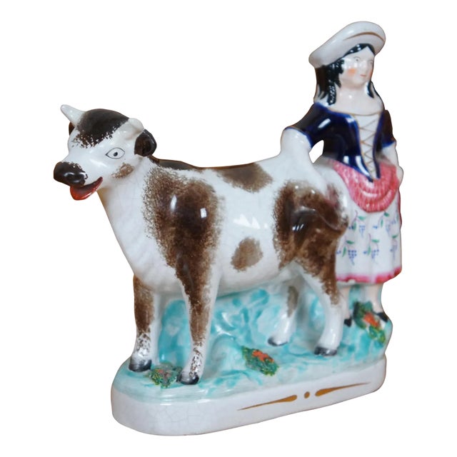 Antique 19th Century Staffordshire Porcelain Cow Milk Maid Spill Vase Creamer For Sale