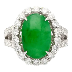 HK Lab Certified 5.329 Carat Jade and Diamond Halo Ring in 18K White Gold