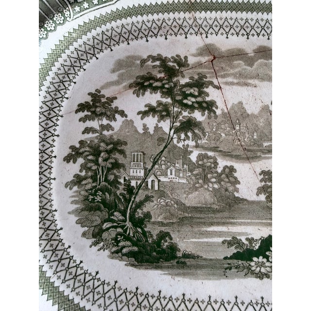 Early 19th Century Antique Staffordshire Green Transferware Platter "Cologne" With Staple Repair, Circa 1830's For Sale - Image 5 of 14