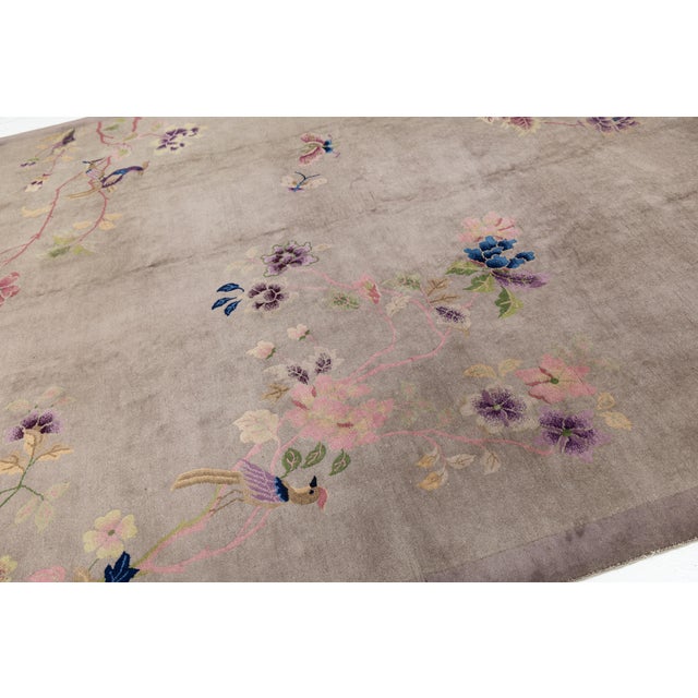 1920s Antique Chinese Art Deco Rug Floral & Bird Motif in Taupe & Amethyst For Sale - Image 4 of 11