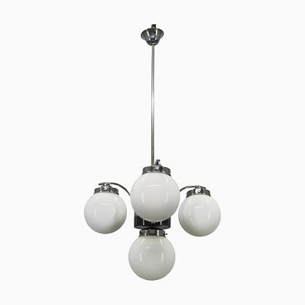 Czech Art Deco Chandelier with Four Opaline Glass Shades, 1930s For Sale - Image 15 of 15