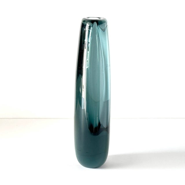 Amazing, large, asymmetrical sommerso vase marked “Kosta 01608” in a gray-blue-teal color that’s quite uncommon. It is 12...