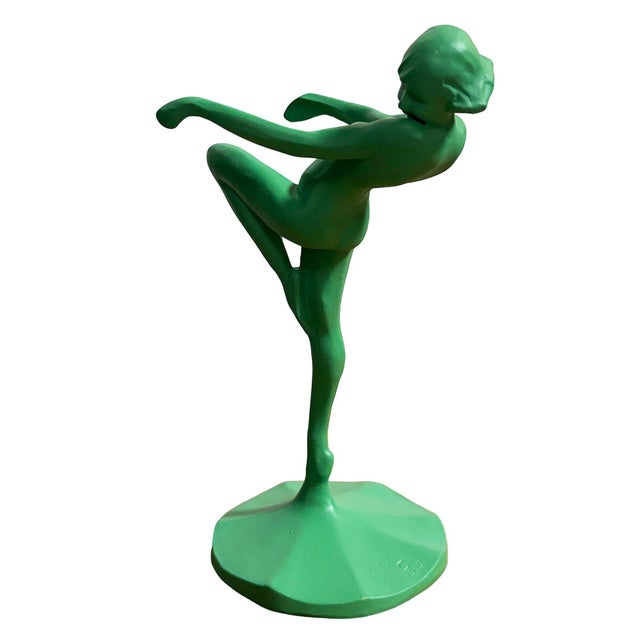 Art Deco 1922 Model T-301 Nude Art Deco Dancing Nymph Green Ashtray Stand by Frankart For Sale - Image 3 of 7