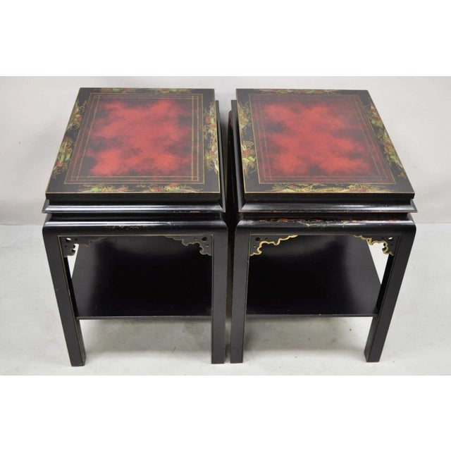 Vintage Chinoiserie Black Lacquered Red Leather Top 2 Tier End Tables - A Pair For Sale - Image 12 of 12