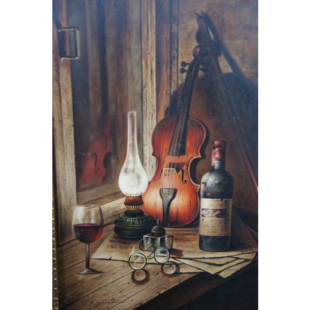 Musician at Night Violin Wine Still Life Oil Painting on Canvas 47" For Sale - Image 4 of 10