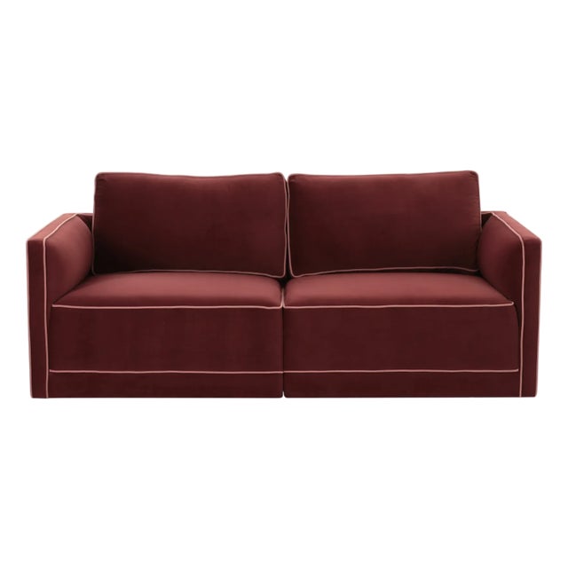 Wood Willow Berry Red with Mauve Piping Modular Performance Velvet Loveseat For Sale - Image 7 of 7